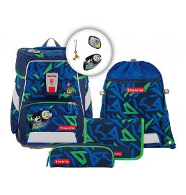 Blau-grünes Schulset mit Rucksack, Turnbeutel, Federmäppchen, Geldbörse und weiterem Zubehör.