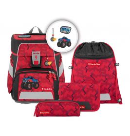 Schulranzen-Set in Rot und Schwarz mit Monstertruck-Motiv, passendem Turnbeutel, Federmäppchen und Zubehör.