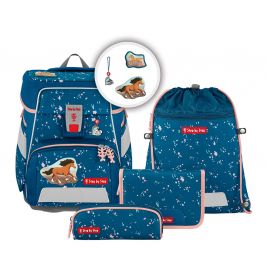 Blaues Schulranzen-Set mit Pferde- und Blumendesign, incl. Etui, Geldbörse, Turnbeutel und Schlüsselanhänger.