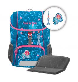 Blauer Rucksack mit Meerjungfrau-Motiv, pinken Akzenten, zwei Netzfächern und passendem grauen Mäppchen.