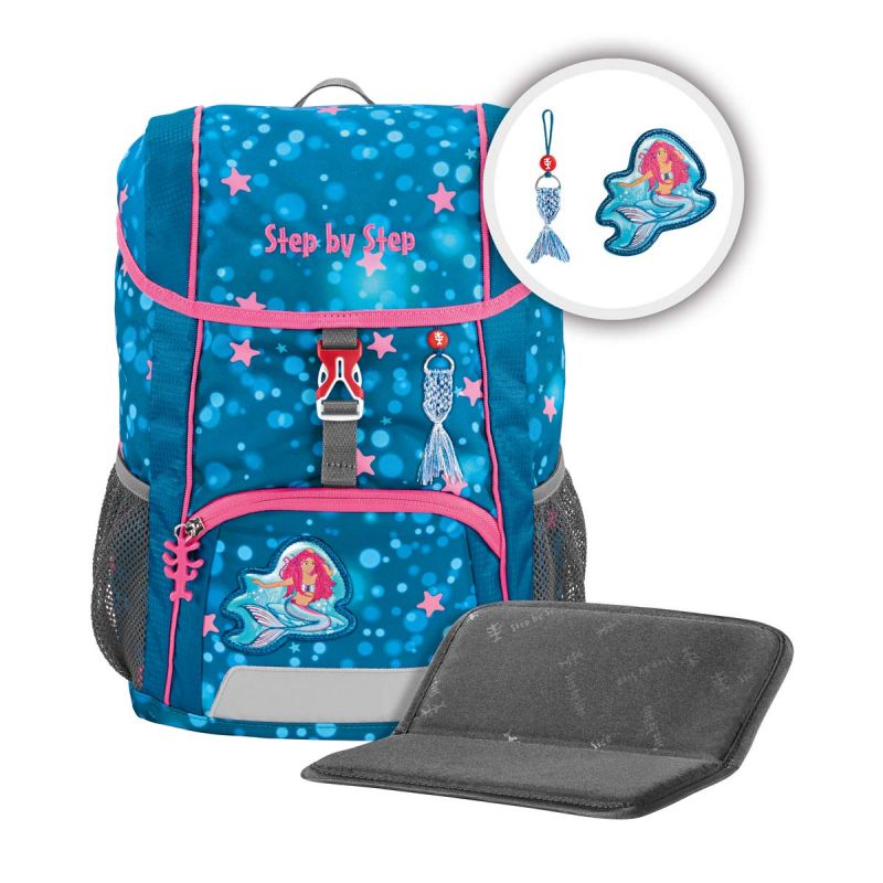 Blauer Rucksack mit Meerjungfrau-Motiv, pinken Akzenten, zwei Netzfächern und passendem grauen Mäppchen. Blauer Rucksack mit Meerjungfrau-Motiv, pinken Akzenten, zwei Netzfächern und passendem grauen Mäppchen.