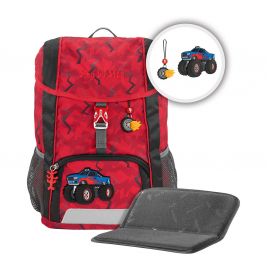 Roter Kinder-Rucksack mit Monstertruck-Motiv, passendem Schlüsselanhänger und herausnehmbarem schwarzem Sitzkissen.