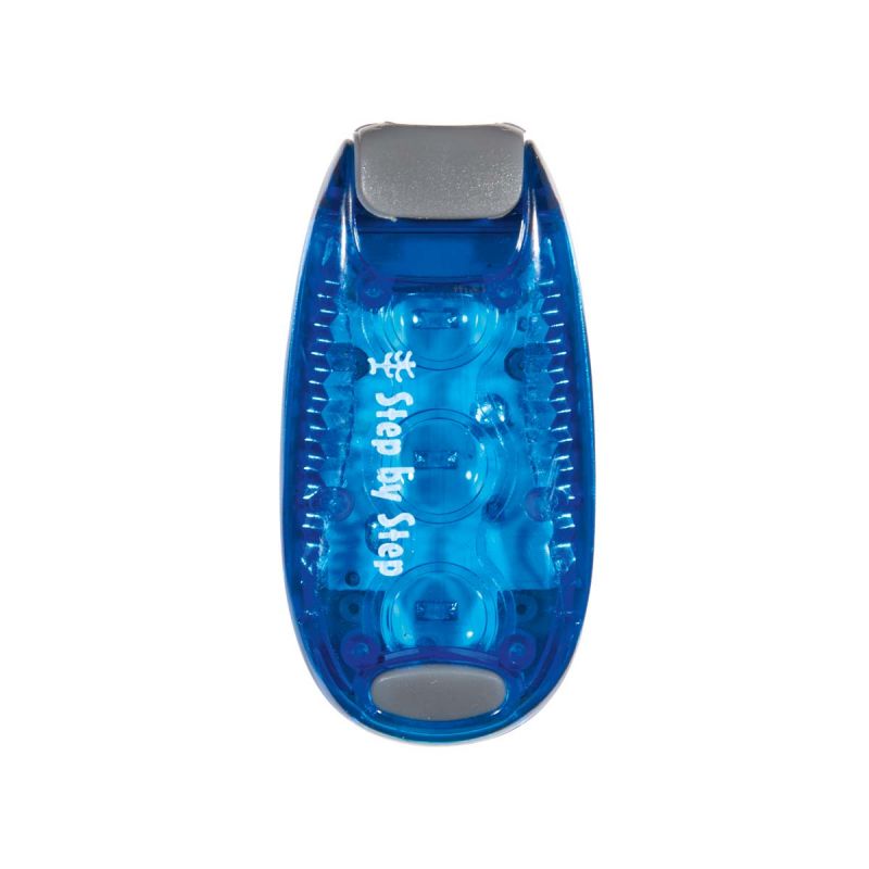 Blauer Kunststoff-Schrittzähler mit grauem Clip und der Aufschrift Step by Step auf der Vorderseite.