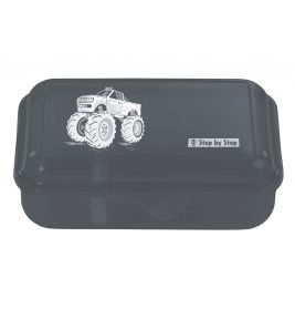 Schwarze Brotdose mit weißem Monstertruck und Step-by-Step-Logo auf dem Deckel.