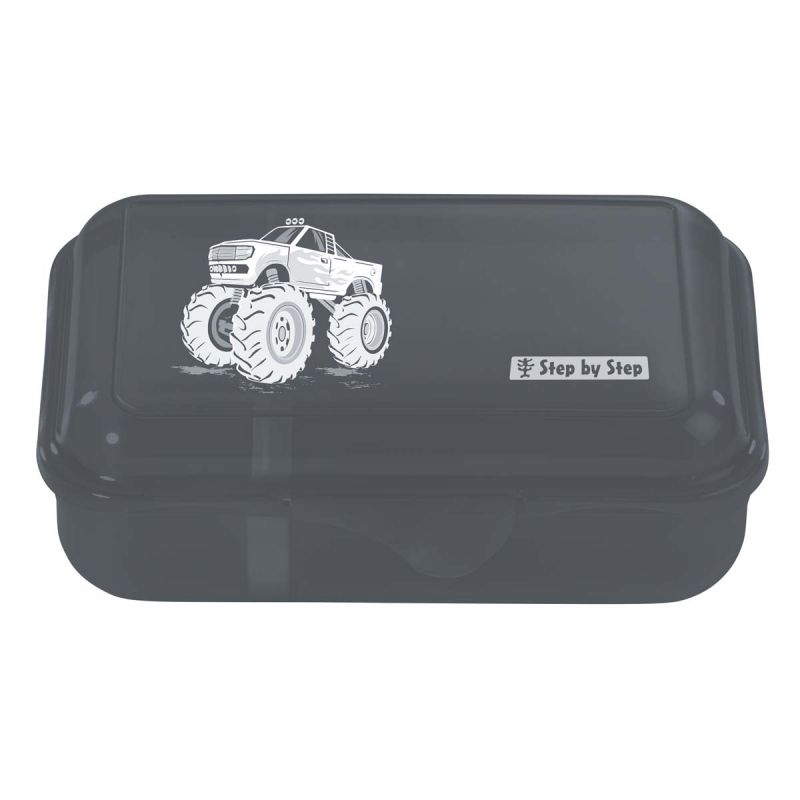 Schwarze Brotdose mit weißem Monstertruck und Step-by-Step-Logo auf dem Deckel.