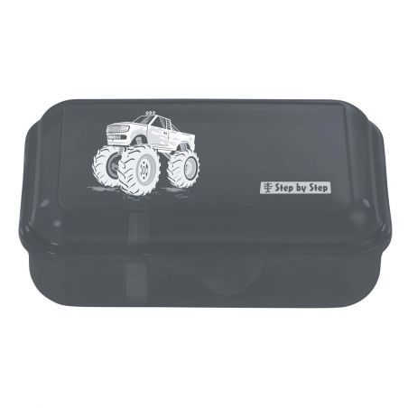 Schwarze Brotdose mit weißem Monstertruck und Step-by-Step-Logo auf dem Deckel.