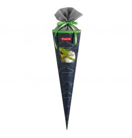 Dunkelblaue, kugelförmige Schultüte mit grünem Dino-Motiv und grauem Stoffdeckel, grünem Band verschlossen.