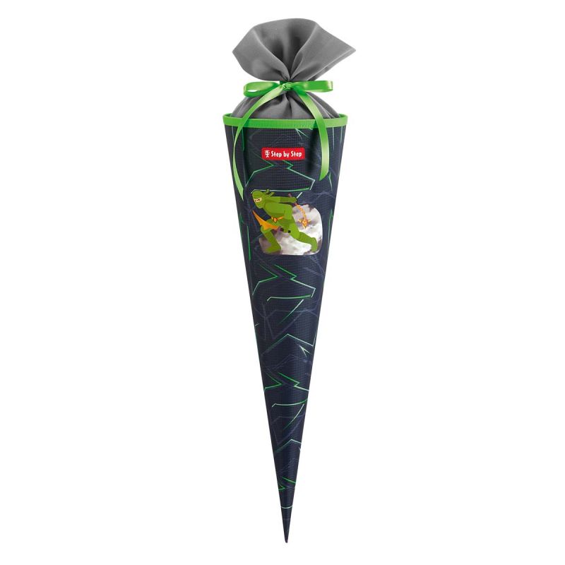 Dunkelblaue, kugelförmige Schultüte mit grünem Dino-Motiv und grauem Stoffdeckel, grünem Band verschlossen.