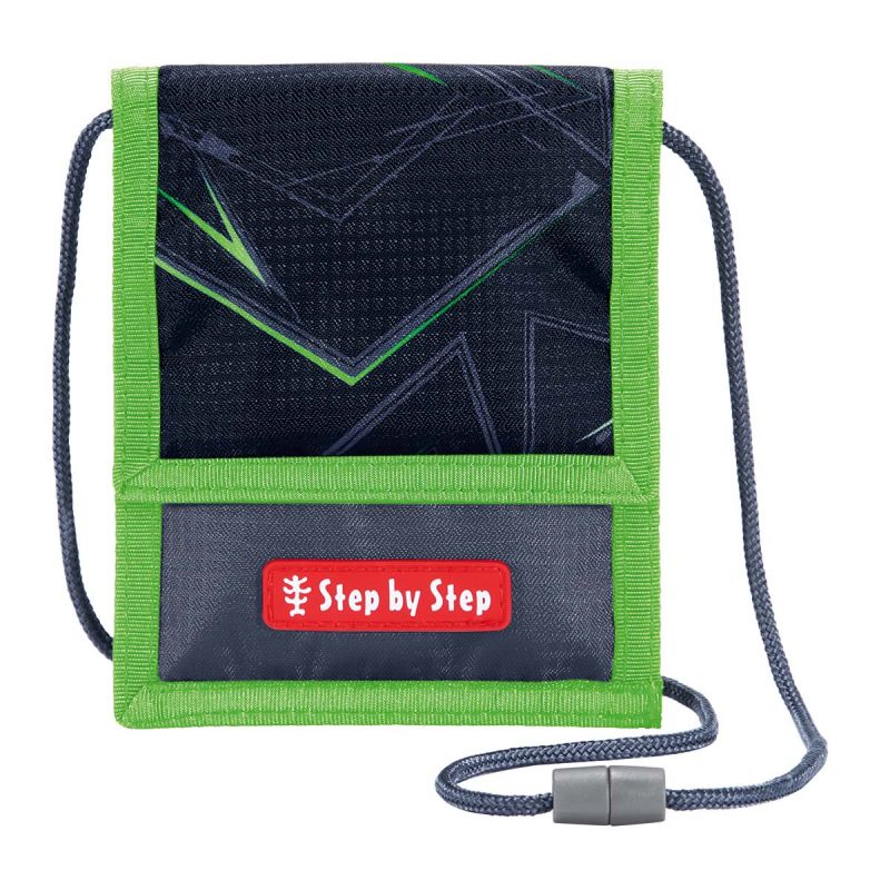 Schwarzes und grünes Hals-Portemonnaie mit geometrischem Muster und Step by Step-Label auf der Vorderseite.