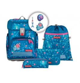 Blaues Schulranzen-Set mit Stern- und Meerjungfrau-Motiven, inklusive Federmäppchen, Turnbeutel und Anhängern.