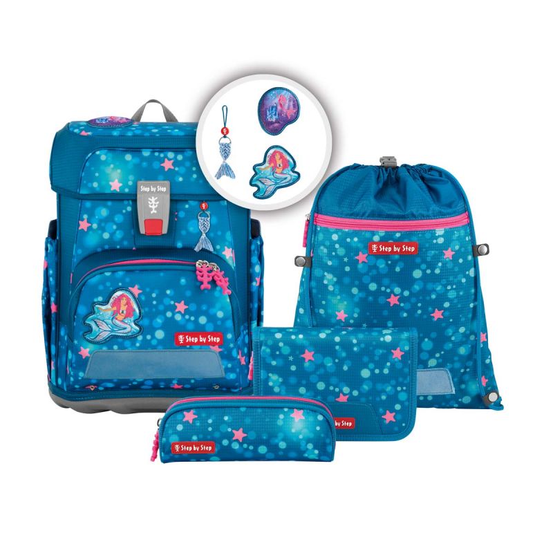 Blaues Schulranzen-Set mit Stern- und Meerjungfrau-Motiven, inklusive Federmäppchen, Turnbeutel und Anhängern. Blaues Schulranzen-Set mit Stern- und Meerjungfrau-Motiven, inklusive Federmäppchen, Turnbeutel und Anhängern.