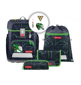 Schulranzen-Set mit Dinosaurier-Motiv: Rucksack, Federmäppchen, Sportbeutel und Schlüsselanhänger.