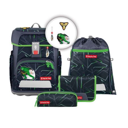 Schulranzen-Set mit Dinosaurier-Motiv: Rucksack, Federmäppchen, Sportbeutel und Schlüsselanhänger.