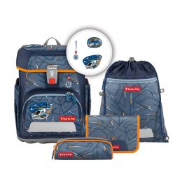 Blau-graues Schulranzen-Set mit Hubschrauber-Motiv, inklusive Federtasche, Turnbeutel und Geldbörse.