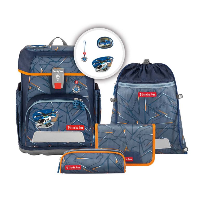 Blau-graues Schulranzen-Set mit Hubschrauber-Motiv, inklusive Federtasche, Turnbeutel und Geldbörse. Blau-graues Schulranzen-Set mit Hubschrauber-Motiv, inklusive Federtasche, Turnbeutel und Geldbörse.