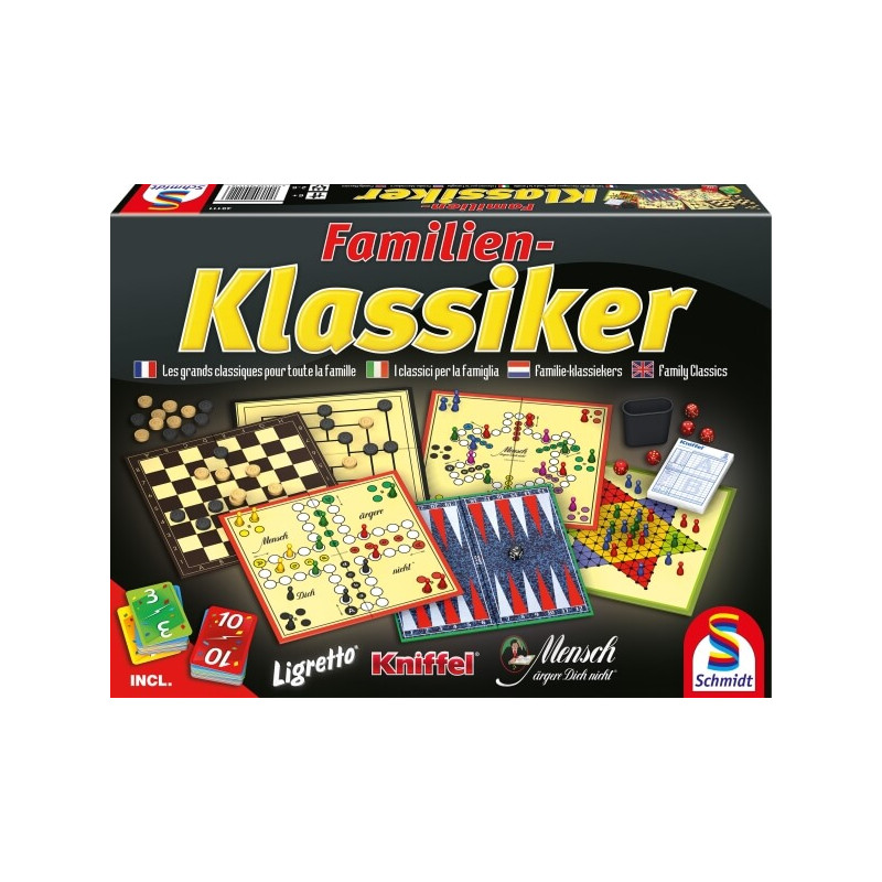 Box der Familien Klassiker-Spiele mit Abbildungen klassischer Familienspiele und Spielmaterial. Box der Familien Klassiker-Spiele mit Abbildungen klassischer Familienspiele und Spielmaterial.