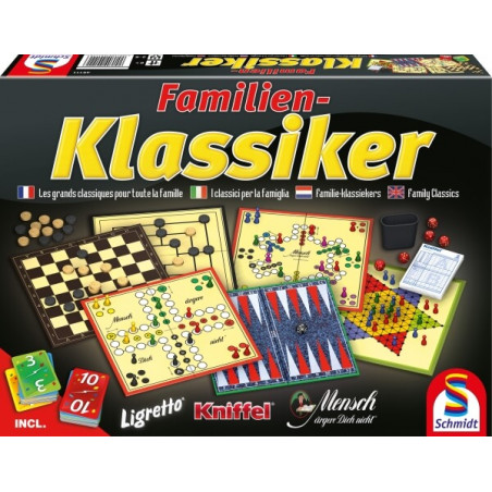 Box der Familien Klassiker-Spiele mit Abbildungen klassischer Familienspiele und Spielmaterial.
