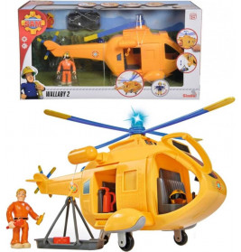 Fireman Sam Wallaby 2: Gelber Rettungshubschrauber als Spielset mit Figur und Zubehör, im Karton und aufgebaut.