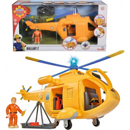 Fireman Sam Wallaby 2: Gelber Rettungshubschrauber als Spielset mit Figur und Zubehör, im Karton und aufgebaut.