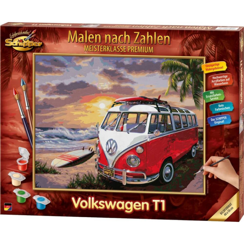 Malkasten mit rotem VW T1 Bulli am Strand, Surfboards, Palmen und Sonnenuntergang.