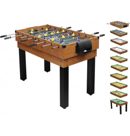 Holztisch mit Tischfußball oben, daneben kleine Abbildungen weiterer Spieloptionen auf der rechten Seite.