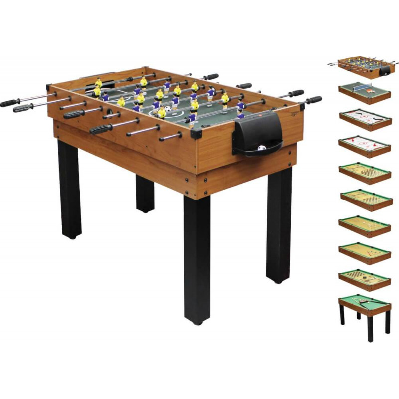 Holztisch mit Tischfußball oben, daneben kleine Abbildungen weiterer Spieloptionen auf der rechten Seite.