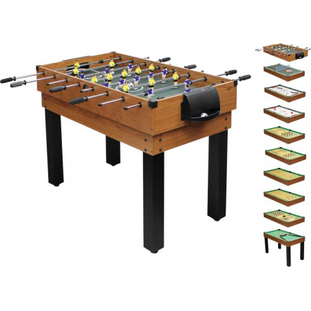 Holztisch mit Tischfußball oben, daneben kleine Abbildungen weiterer Spieloptionen auf der rechten Seite.