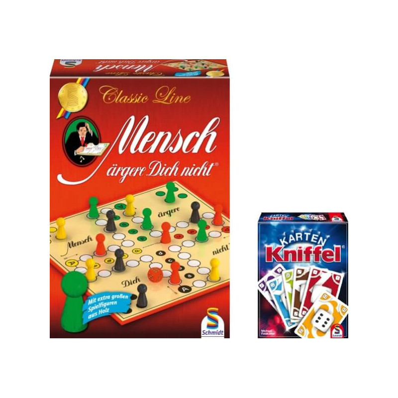 Zwei deutsche Brettspielschachteln, Mensch ärgere Dich nicht und Kartenspiel Kniffel, nebeneinander.