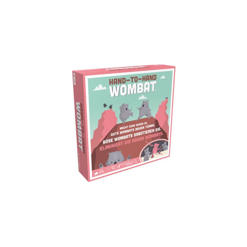 Spieleschachtel Hand-to-Hand Wombat mit gezeichneten Wombats vor einer bunten Berglandschaft.