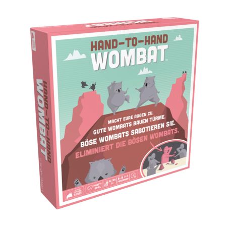 Spieleschachtel Hand-to-Hand Wombat mit gezeichneten Wombats vor einer bunten Berglandschaft.