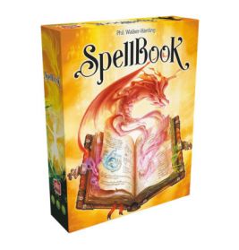 Gelbe SpellBook-Spielbox mit einem Drachen, der sich um ein geöffnetes magisches Buch auf dem Cover windet.