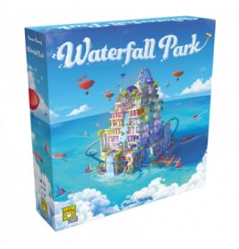Box des Brettspiels Waterfall Park mit bunter Grafik einer schwebenden Insel und Wasserfällen.
