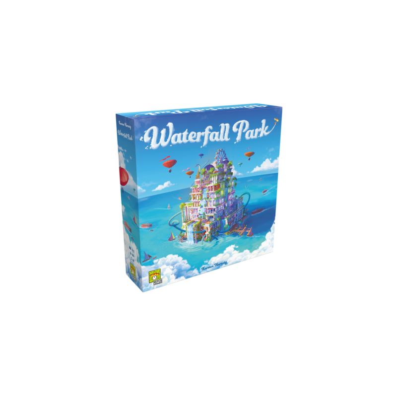 Box des Brettspiels Waterfall Park mit bunter Grafik einer schwebenden Insel und Wasserfällen.