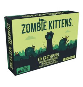 Box des Kartenspiels Zombie Kittens mit Cartoon-Friedhof und Zombie-Katzenpfote auf dem Cover.