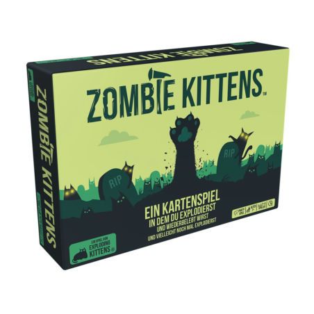 Box des Kartenspiels Zombie Kittens mit Cartoon-Friedhof und Zombie-Katzenpfote auf dem Cover.