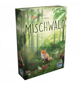 Spieleschachtel Mischwald mit Waldmotiv, Fuchs, Pflanzen und weiteren Tieren.