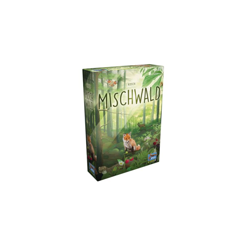 Spieleschachtel Mischwald mit Waldmotiv, Fuchs, Pflanzen und weiteren Tieren.