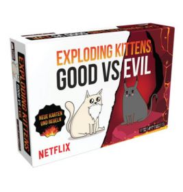 Box des Kartenspiels Exploding Kittens: Good vs Evil mit weißer und grauer Katze auf dem Cover.