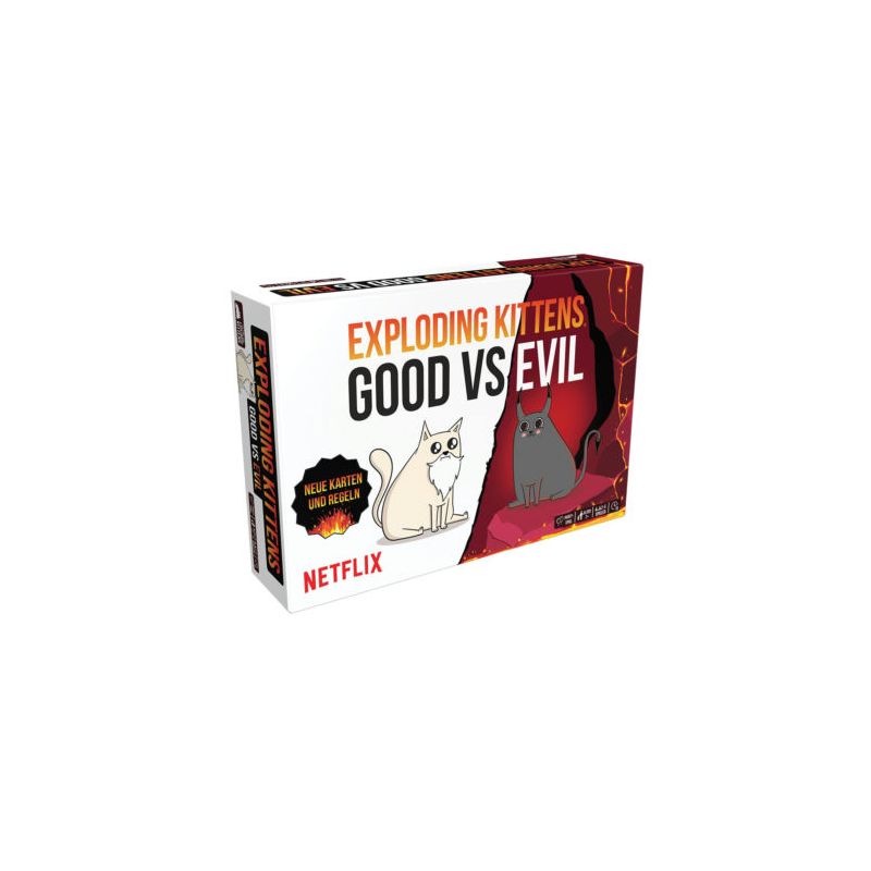 Box des Kartenspiels Exploding Kittens: Good vs Evil mit weißer und grauer Katze auf dem Cover.