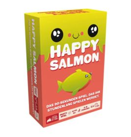 Box des Happy Salmon-Kartenspiels mit einem Cartoon-Lachs und buntem, verspieltem Design.
