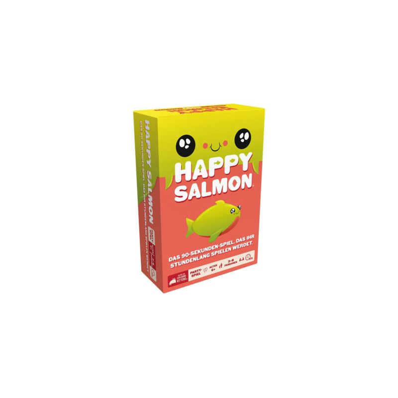 Box des Happy Salmon-Kartenspiels mit einem Cartoon-Lachs und buntem, verspieltem Design.