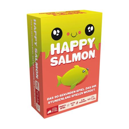 Box des Happy Salmon-Kartenspiels mit einem Cartoon-Lachs und buntem, verspieltem Design.