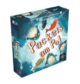 Schachtel des Spiels Packeis am Pol mit Illustrationen von schwimmenden Pinguinen unter Wasser.