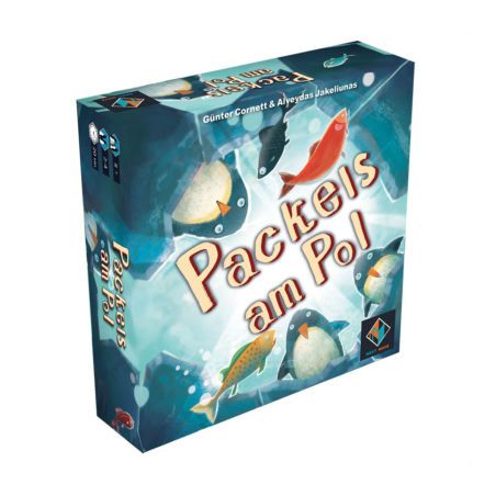Schachtel des Spiels Packeis am Pol mit Illustrationen von schwimmenden Pinguinen unter Wasser. Schachtel des Spiels Packeis am Pol mit Illustrationen von schwimmenden Pinguinen unter Wasser.