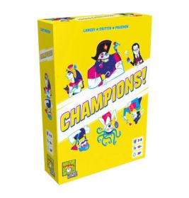 Gelbe Spieleschachtel Champions! mit bunten Comicfiguren auf dem Cover.