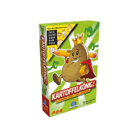 Kartenspielbox Kartoffelkönig mit gezeichneter Kartoffel als König, Krone und Zepter tragend.