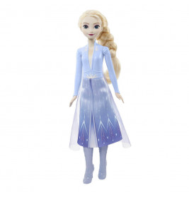 Blonde Puppe im blau-lila Kleid mit langen Stiefeln, inspiriert von Elsa aus dem Film Die Eiskönigin.