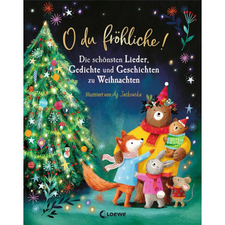 Tiere in Winterkleidung stehen neben einem geschmückten Weihnachtsbaum, darüber ein deutscher Feiertagsgruß.