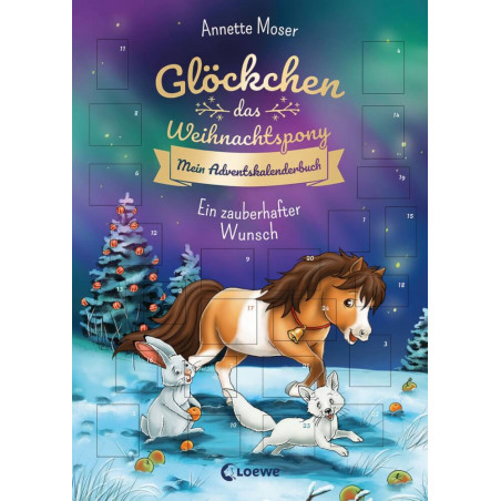 Cover eines deutschen Adventskalenderbuchs mit Pony, zwei Kaninchen, Maus und verschneitem Wald im Hintergrund.