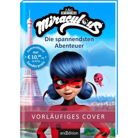 Buchcover: Marienkäfer von Miraculous vor dem Eiffelturm, blauer Himmel und deutscher Text.